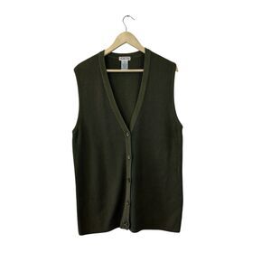 Vintage Talbots Medium Sweater Button Cardigan Vest Tunic Green Cotton Womens